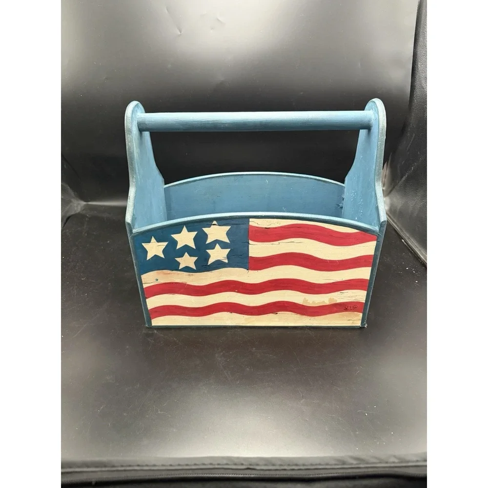 Americana Patriotic Wooden Storage Caddy Basket Tote Hand Painted Flag Decor